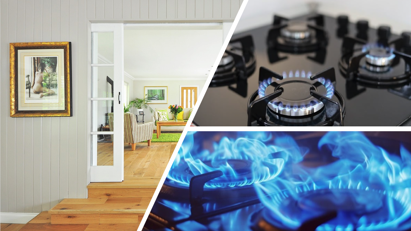 Collage of gas stoves and residential indoor space