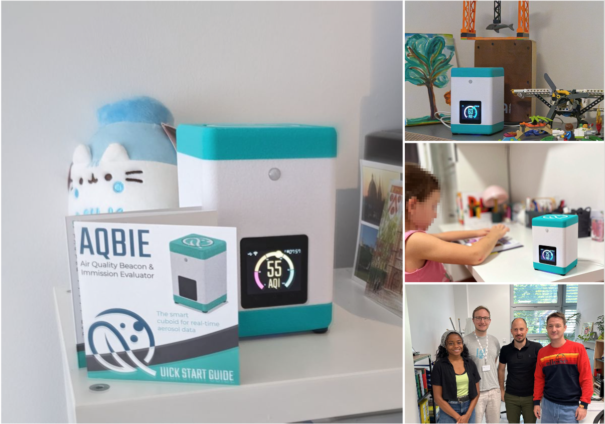 Collage showing the AQBIE (Air Quality Beacon and Immission Evaluator) indoor air quality monitoring device placed in household settings. Images include the AQBIE unit with its display showing air quality index values, the device positioned on a child desk to support awareness of indoor air conditions, and a group photo of researchers involved in the development and deployment of the sensor.