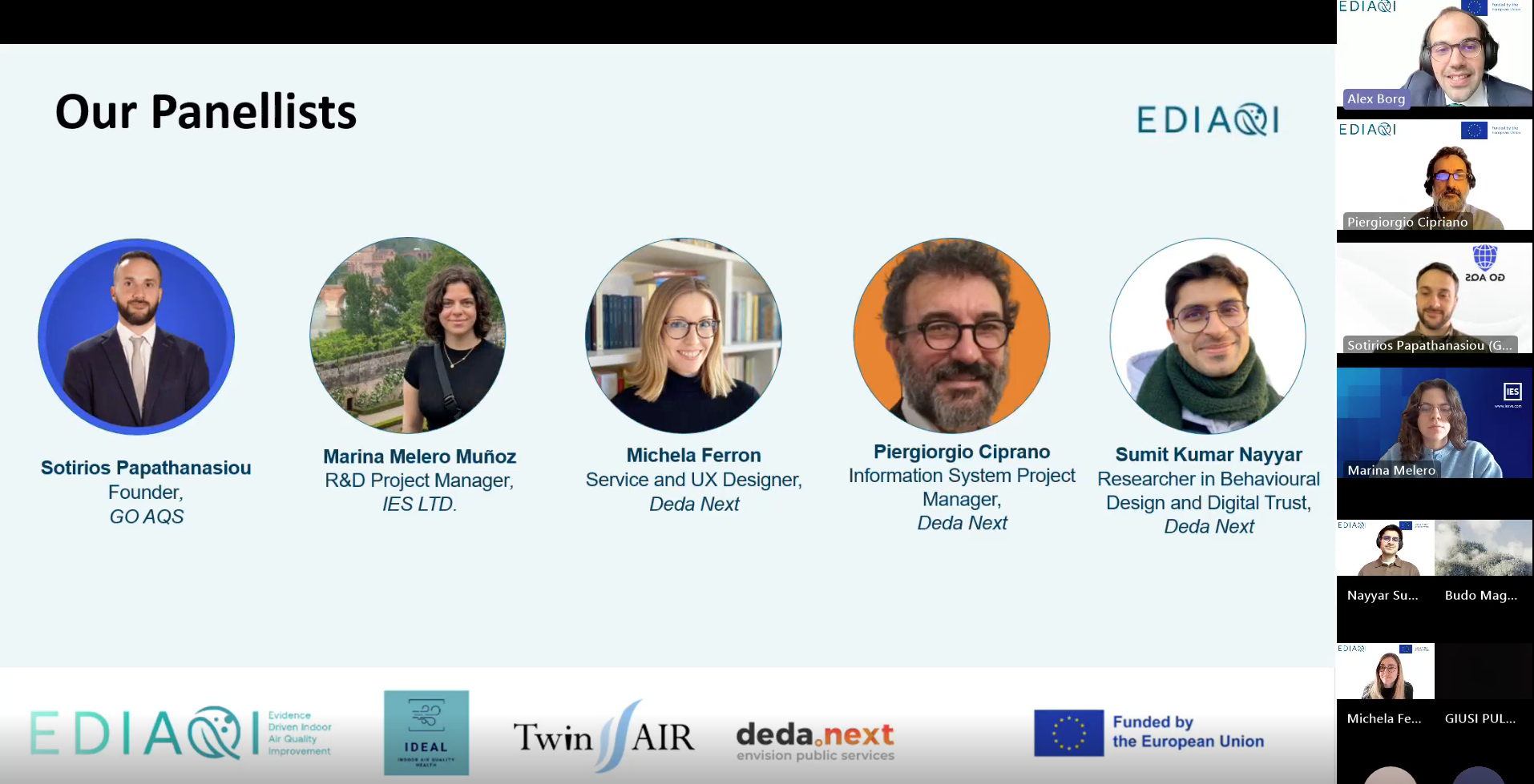 Slide titled “Our Panellists” presenting speakers Sotirios Papathanasiou, Marina Melero Muñoz, Michela Ferron, Piergiorgio Ciprano and Sumit Kumar Nayyar, with moderator Alex Borg and participants visible in the webinar panel.