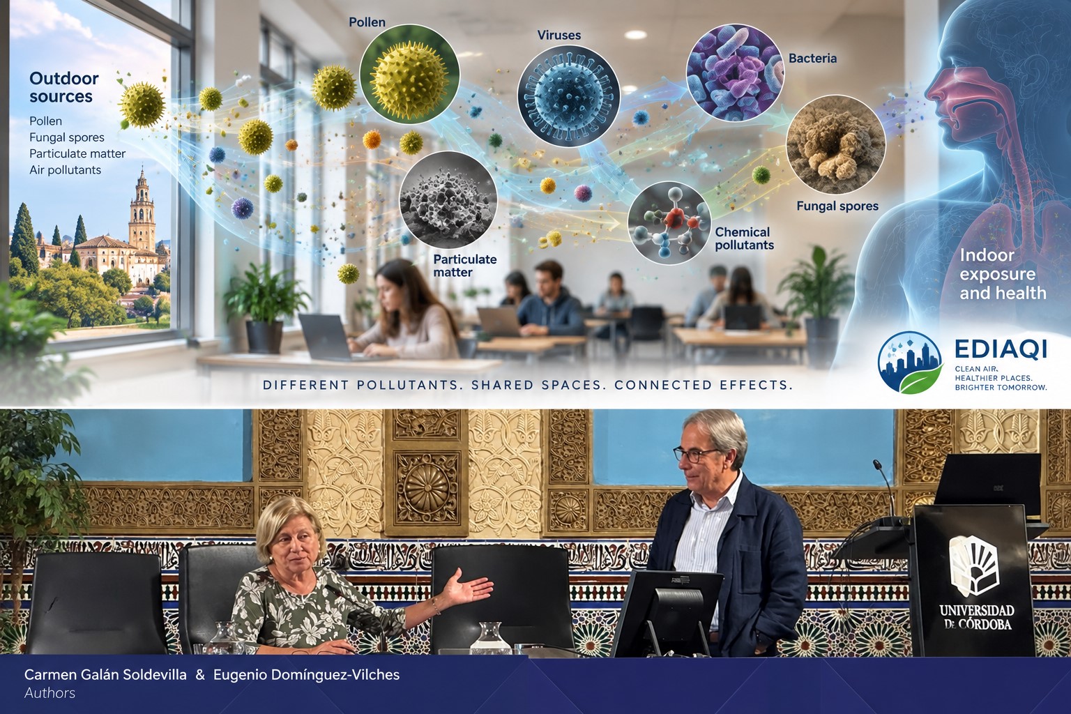 Illustration of indoor air pollutants and health effects, above authors Carmen Galán Soldevilla and Eugenio Domínguez-Vilches at the University of Córdoba.