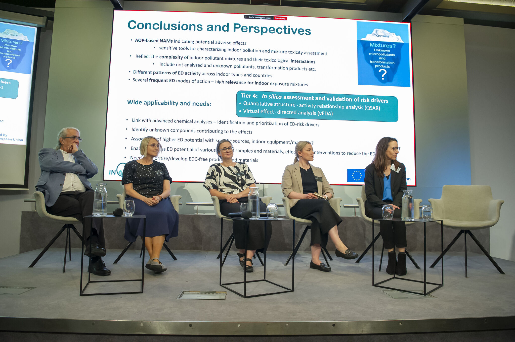 Panellists take part in the "Toxicological, NAMs and Health-related Aspects of Indoor Air Quality" session at the IDEAL Cluster Summit – The Air We Share in Brussels. Moderated by Prof. Tuomas Jartti, the discussion brings together Prof. Katrin Vorkamp, Dr Ernesto Alfaro-Moreno, Prof. Aino-Kaisa Rantala, Dr Linda Schenk and Prof. Klára Hilscherová to explore advances in toxicology, New Approach Methodologies (NAMs) and health research that are improving the understanding of indoor air pollution and supporting evidence-based risk assessment.