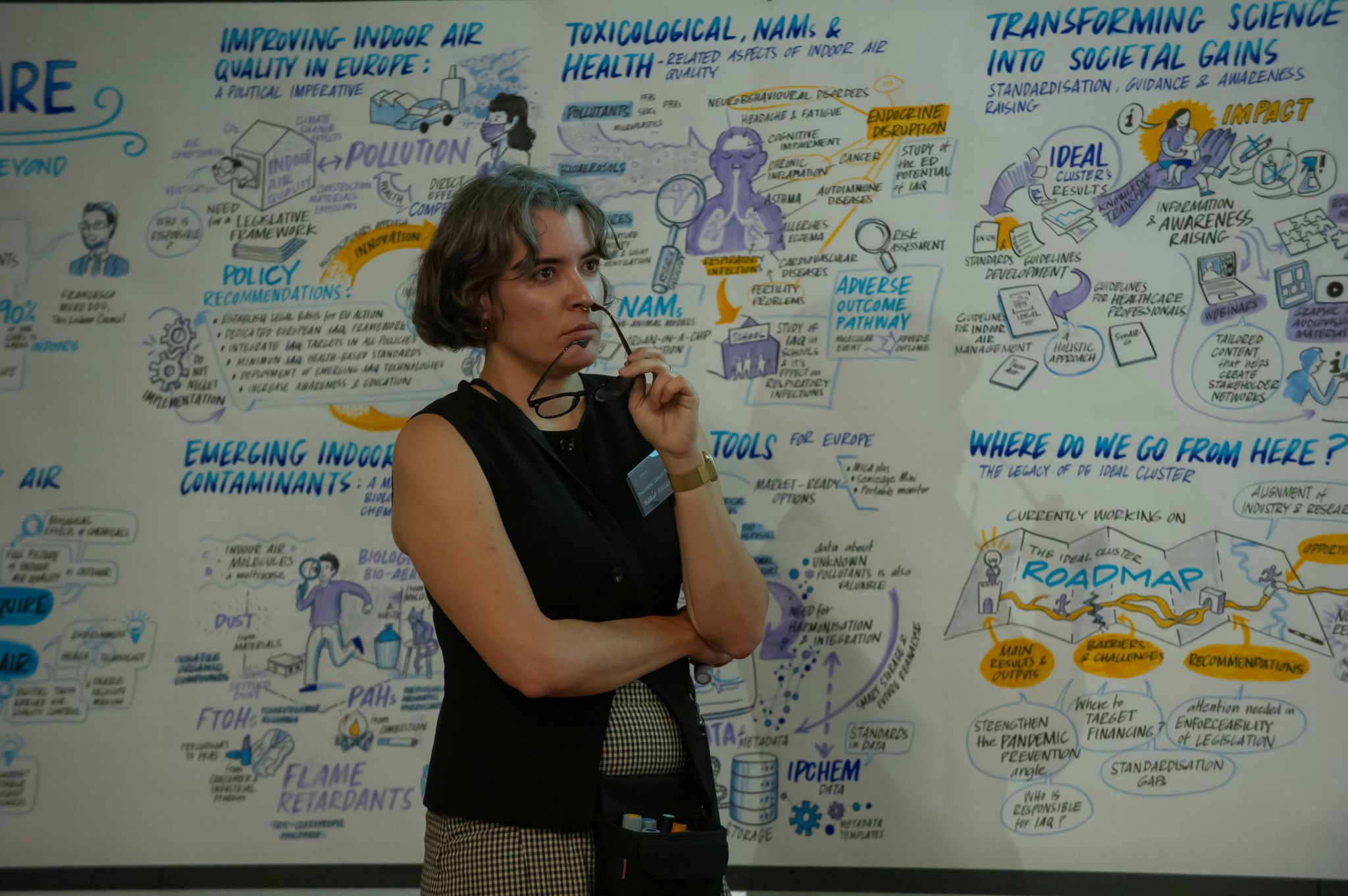 María Foulquié García, the Summit's graphic recorder, stands in front of the completed visual harvest created during the IDEAL Cluster Summit – The Air We Share in Brussels. The large illustrated mural captures the key discussions, scientific insights, policy recommendations and future priorities from each session, including the IDEAL Cluster Roadmap, providing a lasting visual legacy of the event and its vision for healthier indoor environments across Europe and beyond.