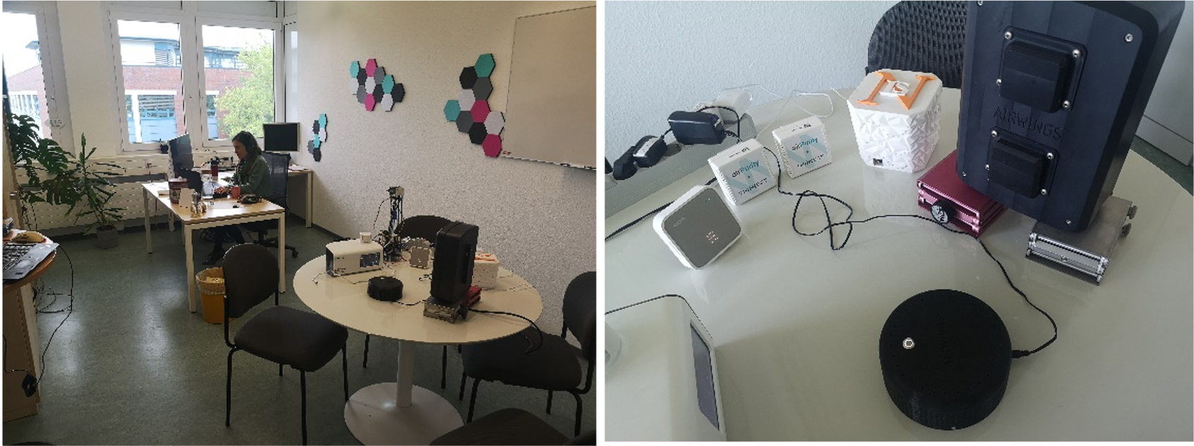 (Right) A person sitting at their desk at the TROPOS offices with sensors on a table. (Right)  A closer look at the air quality sensors on the table. 