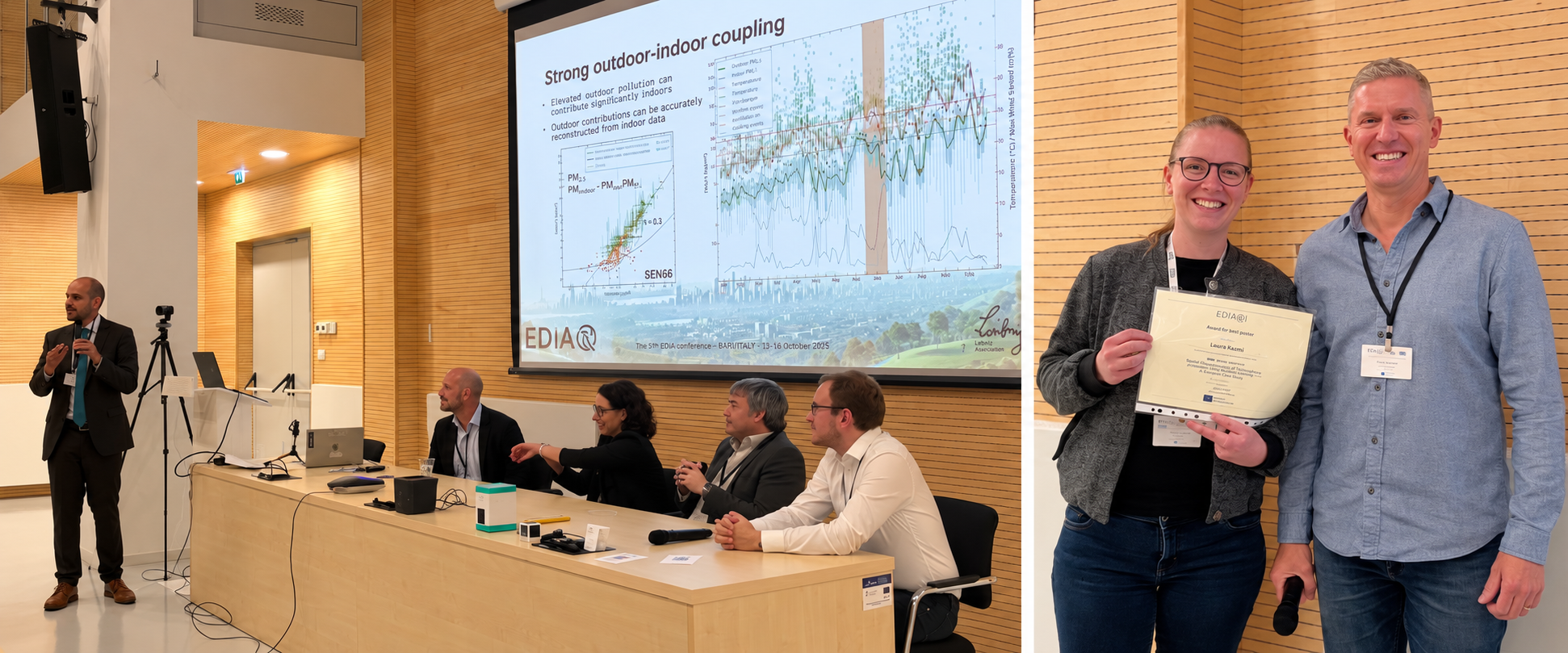 Experts discussing indoor air quality technologies, alongside poster award winner Lucia Nanić holding her certificate.