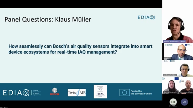 Screenshot from webinar with Klaus Müller spotlighted and the question on the slide "how seamlessly can Bosch's air quality sensors integrate into smart device ecosystems for real-time IAQ management