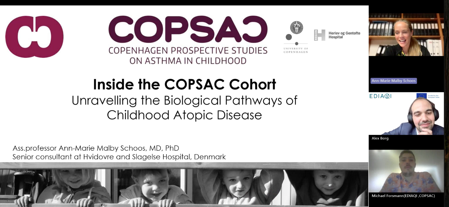 Screenshot of a webinar slide titled “Inside the COPSAC Cohort: Unravelling the Biological Pathways of Childhood Atopic Disease.” The slide displays the COPSAC logo and affiliation logos for the University of Copenhagen and Herlev and Gentofte Hospital. On the right side, video call thumbnails show Ann-Marie Malby Schoos smiling, Alex Borg moderating, and Michael Forsmann listening.