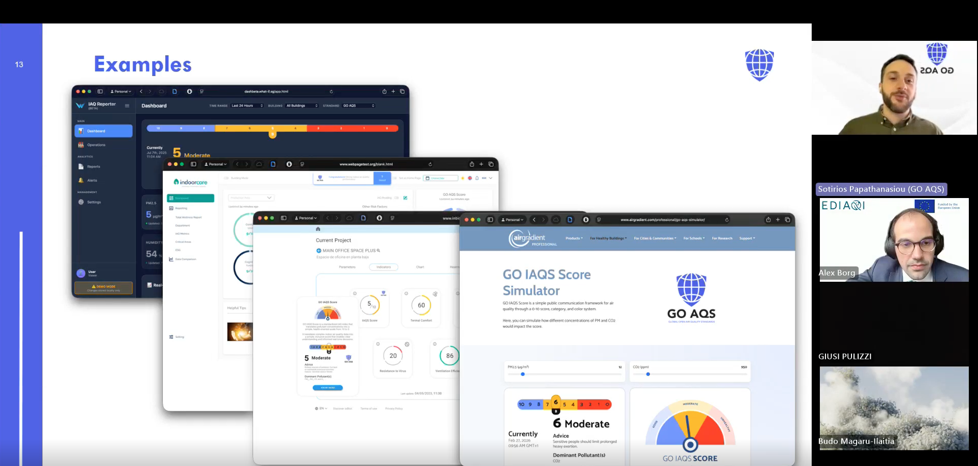 Slide showing examples of indoor air quality dashboards and the GO IAQS score simulator, with webinar speaker Sotirios Papathanasiou and moderator Alex Borg visible in the video call panel.