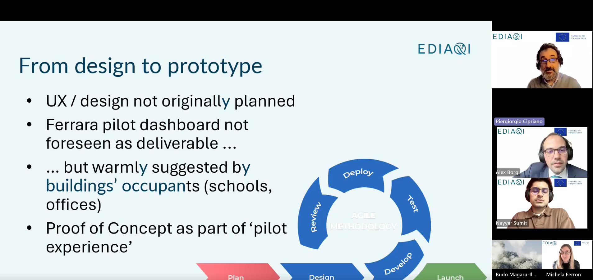 Slide explaining how the Ferrara indoor air quality dashboard evolved from design to prototype within the EDIAQI pilot, with Piergiorgio Ciprano presenting and webinar participants visible in the panel.