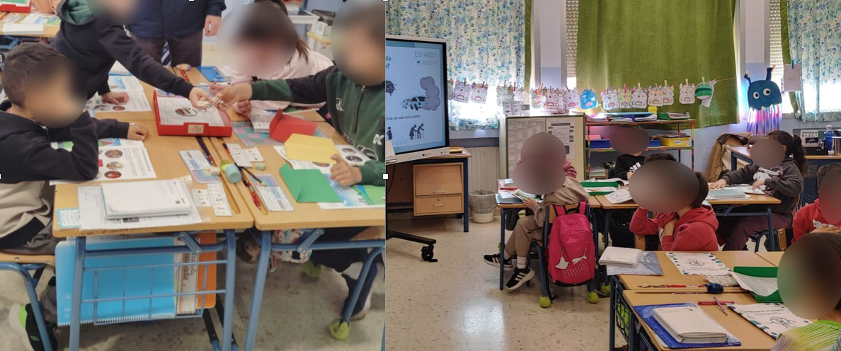 Primary school pupils working in groups at desks with EDIAQI worksheets and activity materials, while others sit facing a screen displaying indoor air quality content during a classroom session.
