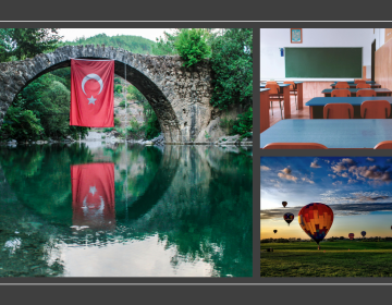 Image montage with a Turkish flag hanging over a bridge with flag reflecting in pool of water, an image of a school classroom, and hot air balloons flying over a grass meadow