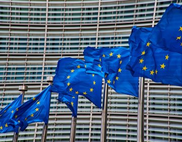 European Commission Berlaymont Building with Row of EU Flags