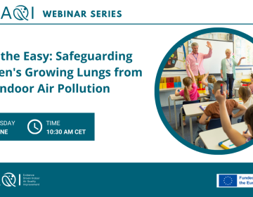 Promotional banner for the EDIAQI webinar series, titled “Breathe Easy: Safeguarding Children’s Growing Lungs from Indoor Air Pollution.” The design features a circular photo of a classroom with young children seated at desks raising their hands while two teachers stand at the front, one with an arm raised. Key event details are displayed in white text on a dark teal background: the date “Thursday 26 June” and the time “10:30 AM CET.” The EDIAQI logo appears at the top and bottom along with the text "