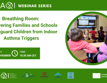 Promotional banner for the EDIAQI Webinar Series. The title reads “Breathing Room: Empowering Families and Schools to Safeguard Children from Indoor Asthma Triggers.” On the right, a circular photograph shows a classroom with young children seated facing a digital screen. On the left, event details appear in green boxes: “Friday 14 November” and “10:30 AM CET.” Logos for EDIAQI, INQUIRE, COPSAC, iAIR Institute, IDEAL Cluster, and the European Union are displayed along the bottom.