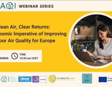 Promotional banner for the EDIAQI Webinar Series titled “Clean Air, Clear Returns: The Economic Imperative of Improving Indoor Air Quality for Europe”. The banner includes the webinar date, Friday 12 December, and time, 10:30 am CEST. On the right, a photo shows a woman working on a laptop in an indoor setting. The bottom of the banner displays partner logos, including EDIAQI, KNOW Center, Breveo, K-HEALTHinAIR, IDEAL, and the European Union funding logo.