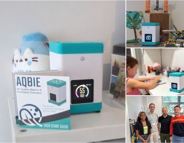 Collage showing the AQBIE (Air Quality Beacon and Immission Evaluator) indoor air quality monitoring device placed in household settings. Images include the AQBIE unit with its display showing air quality index values, the device positioned on a child desk to support awareness of indoor air conditions, and a group photo of researchers involved in the development and deployment of the sensor.