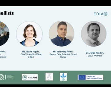 Slide titled “Our Panellists” presenting headshots of Dr Tareq Hussein (University of Helsinki), Maria Figols (Chief Scientific Officer, inBiot), Valentino Petrić (Senior Data Scientist, Smart Sense), and Dr Jurgo Preden (CEO, Thinnect), with a video call panel on the right showing moderator Alex Borg and panellists during the webinar.