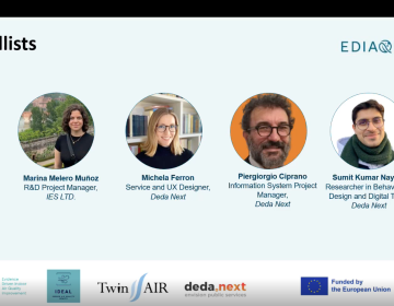 Slide titled “Our Panellists” presenting speakers Sotirios Papathanasiou, Marina Melero Muñoz, Michela Ferron, Piergiorgio Ciprano and Sumit Kumar Nayyar, with moderator Alex Borg and participants visible in the webinar panel.