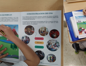 Primary school pupils seated at desks colouring EDIAQI worksheets: one page shows “Fuentes externas” with a landscape of pollution sources, while another displays “Concentración de CO₂” with illustrated indoor settings and ppm levels.
