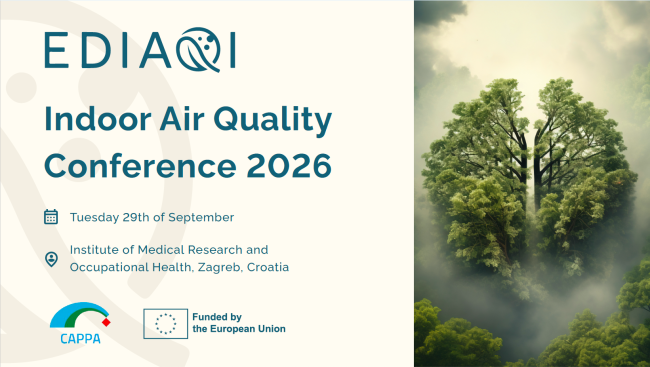 Promotional banner for the EDIAQI Indoor Air Quality Conference 2026, Tuesday 29th of September, Institute of Medical Research and Occupational Health, Zagreb, Croatia. The EDIAQI logo sits above the title, with the CAPPA logo and the "Funded by the European Union" emblem below. On the right, an aerial photograph of a misty forest canopy forms the shape of a pair of human lungs.